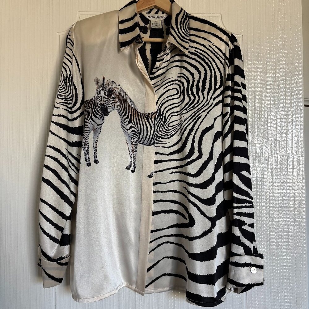 Vintage Paolo Santini Zebra 100% Silk Button Up Shirt | size 12